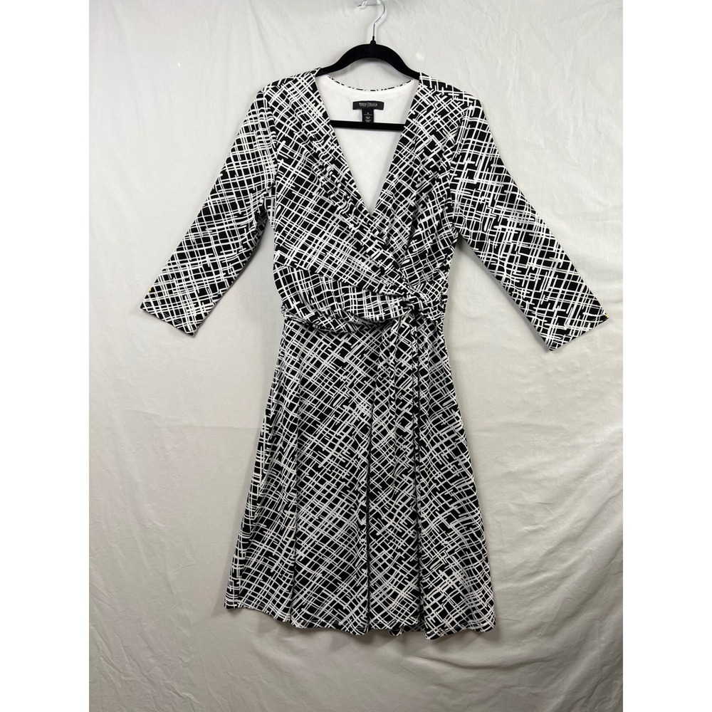 White House Black Market Wrap Dress Womens 10 Black White Geometric 3/4 Sleeve